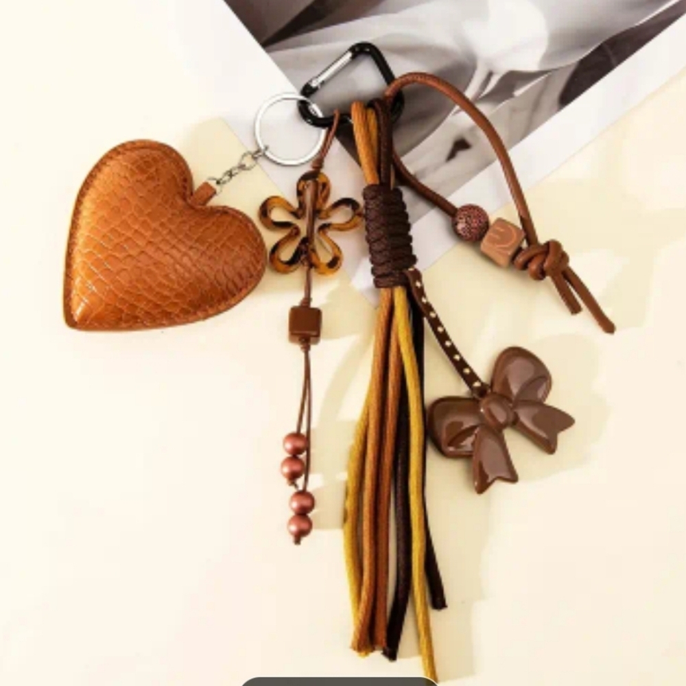 Brown Heart and Bow Bag Charm with Tassels